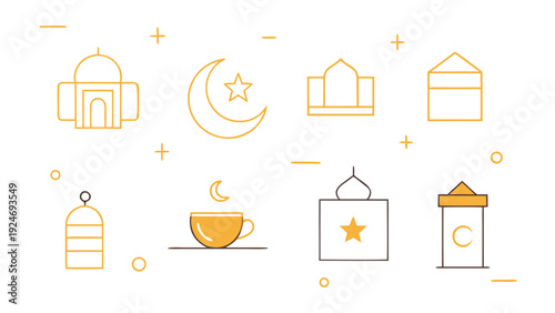 A serene and festive collection of minimalist Ramadan and Islamic icons, including mosque lanterns and crescent moon symbols.