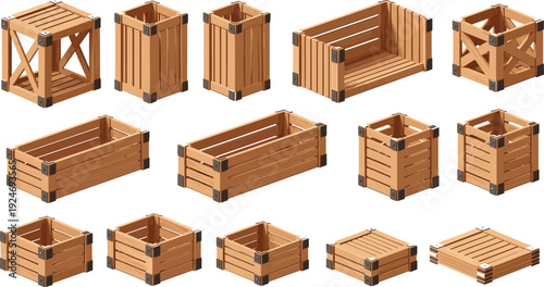 Wooden Crate and Box Container Set with Open Closed and Stackable Storage Designs for Shipping, Warehouse, and Packaging Vector Illustration.