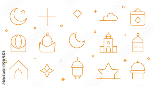 A spiritual and celebratory collection of minimalist line art icons for Ramadan Kareem and Eid al-Fitr. This illustration depicts various Islamic symbols and traditions.