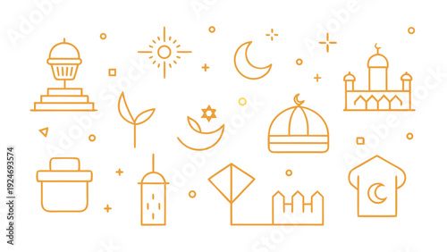 Joyful Minimalist Line Art Illustration of Islamic Holiday Symbols for Ramadan or Eid Celebration