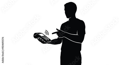 Vector illustration of a black silhouette person holding a modern point-of-sale terminal and pointing to demonstrate contactless payment technology for secure transactions.