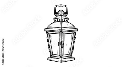 Vintage Lantern Illustration: Old-fashioned Lamp with Handle, Detailed Sketch on White Background