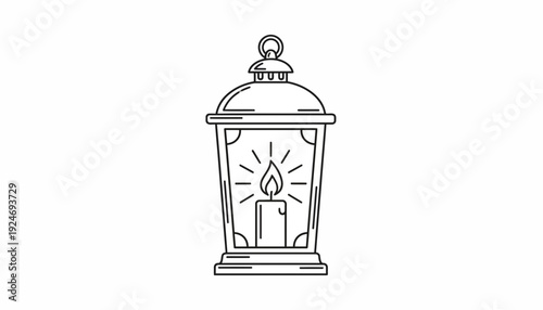 Vintage Lantern with Burning Candle Inside, Outline Illustration
