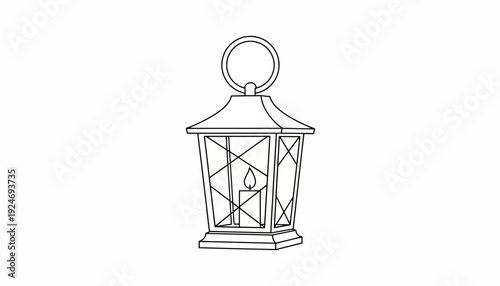 Vintage Lantern with Candle Flame, Old Fashioned Light Source, Black and White Line Art Illustration