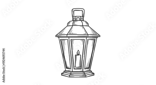 Vintage Lantern with Burning Candle, Hand-Drawn Sketch Style, Isolated on White Background