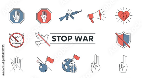 Collection of anti-war and peace icons with stop signs, doves, broken weapons, and peace gestures, advocating for global peace and non-violence.