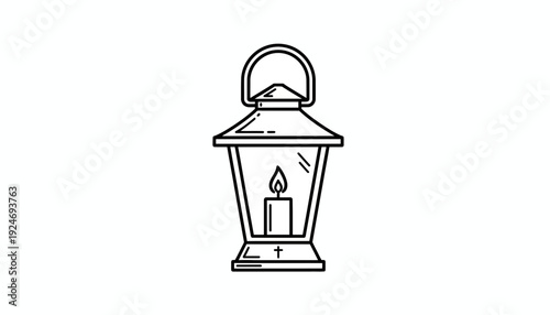 Vintage Lantern with Candle Flame, Old Style Light Source, Black and White Outline Icon