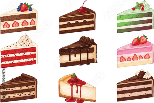 Delicious cake slice vector illustration set with chocolate, strawberry, vanilla and matcha desserts, cute pastry collection for bakery, menu, and food design
