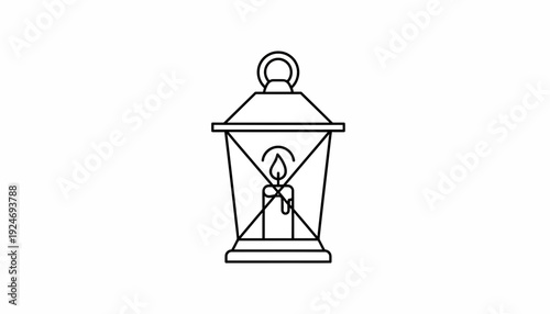 Vintage Lantern with Candle Flame, Old Fashioned Light Source, Black and White Outline Icon