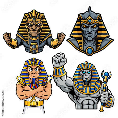Collection of Four Majestic and Aggressive Pharaoh Illustrations in Gold, Blue, and Stone Styles