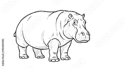 Hippopotamus Standing Sideways Simple Line Drawing.