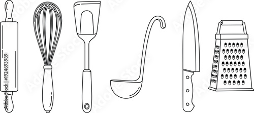 Collection of kitchen utensil line art icons including a rolling pin whisk spatula ladle knife and grater perfect for cooking blogs and recipe websites