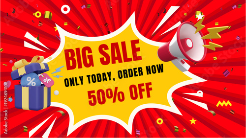 Vibrant Big Sale Banner Featuring Percent Discount With Megaphone and Gift Box Illustrations