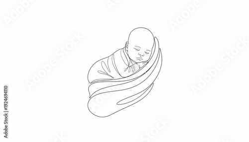 Sleeping Newborn Baby Wrapped in Swaddle Blanket, Minimalist Line Art Illustration