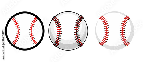 Collection of Three Baseball Illustrations Featuring Detailed Red Stitching and Varied Shading Styles