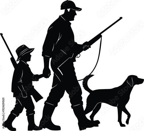 Black silhouette of father and son hunters walking with shotguns and hunting dog isolated on white background, outdoor sports and family bonding vector