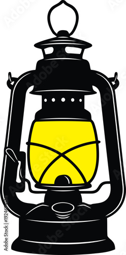 Black kerosene lantern with yellow glass and white background