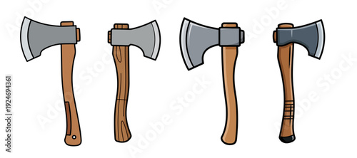 Collection of Four Different Hand Axes and Hatchets with Wooden Handles and Steel Blades