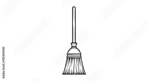 Simple Line Art Illustration of a Broomstick, Isolated on White Background