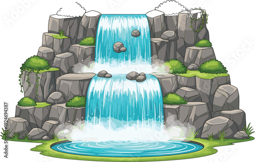 Beautiful cartoon waterfall flowing over rocky cliff into pond, fresh nature landscape scene vector illustration for environment, relaxation, and travel concepts