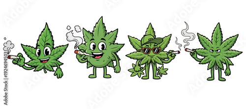 Collection of Four Cannabis Leaf Mascots with Varying Personalities Including One Wearing Sunglasses and One Smoking