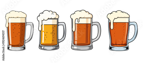 Collection of Four Beer Mugs and Glasses with Thick Foam and Varying Amber Hues
