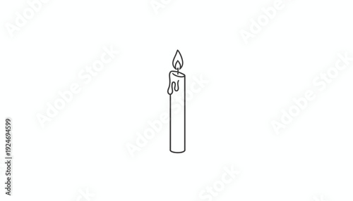 Single Lit Candle with Dripping Wax, Minimalist Line Art Illustration