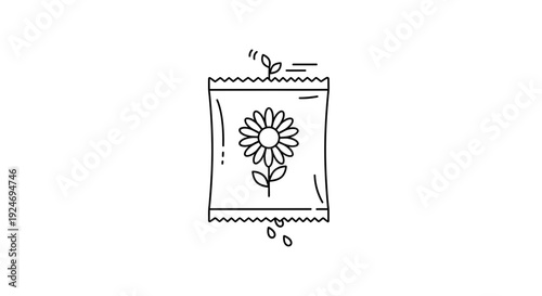 Seed packet with blooming flower icon, sprouting plant, and falling seeds, line art illustration