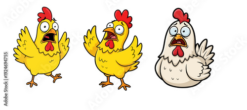 Collection of Three Surprised Chicken Mascots with Wide Eyes and Open Beaks