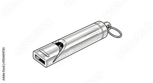 Silver survival whistle with keyring on white background, emergency signaling device