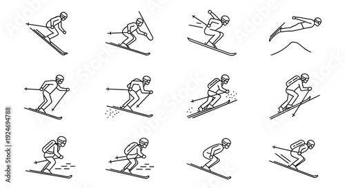 A grid of twelve black and white line art illustrations depicting various skiing techniques, including downhill runs, turns, and jumps, showcasing different body postures.