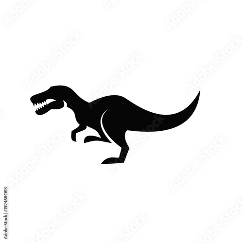 Black Tyrannosaurus Rex Dinosaur Silhouette Icon Running with Open Mouth and Sharp Teeth