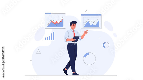 Businessman analyzing financial charts, pointing at data, business growth concept