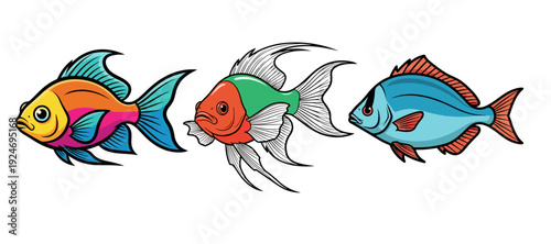 Collection of Three Vibrant Tropical Fish in Different Colors and Shapes