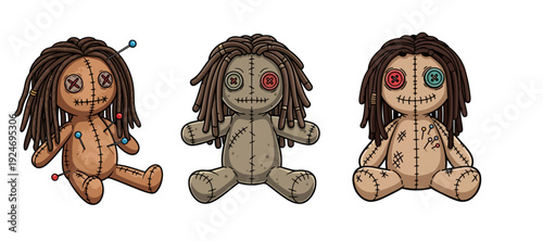 Collection of Three Hand-Stitched Voodoo Dolls with Button Eyes and Pins