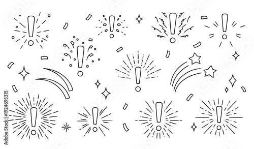 Playful Confetti and Exclamation Doodle Line Icons with Spark Shine Burst Decoration Vector