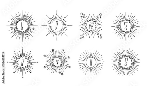 Dynamic Exclamation Burst Line Icons with Spark Rays and Confetti Explosion Outline Vector Set