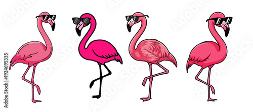 Collection of Four Pink Flamingo Mascots Wearing Sunglasses in Various Poses