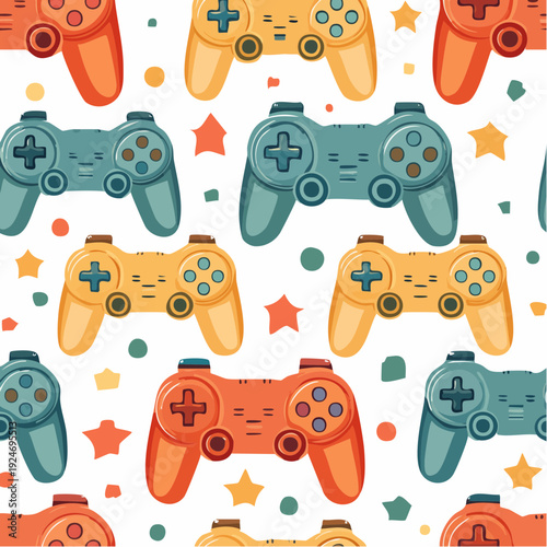 Nostalgic seamless pattern featuring a variety of classic retro video game controllers in vibrant colors perfect for gaming themes and vintage designs
