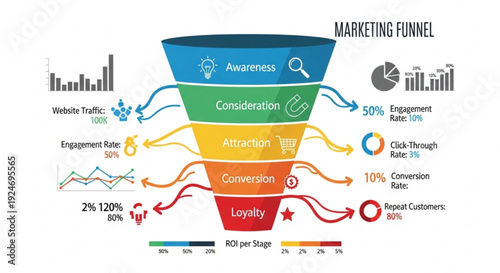 Marketing funnel stages diagram with website traffic and conversion rates