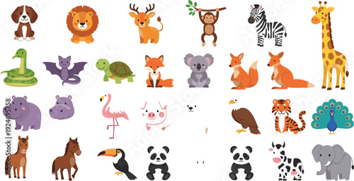 Large collection of cute cartoon animals including wild, farm, jungle, and pet characters, colorful animal icon set vector illustration for kids and education