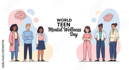 Illustration of diverse teens standing together for World Teen Mental Wellness Day with colorful background and brain graphics.