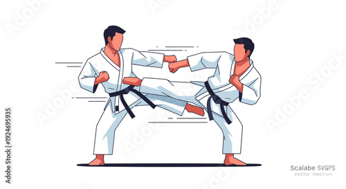 Two male martial artists in white gis and black belts sparring, one delivering a punch and the other executing a kick in a dynamic karate illustration.