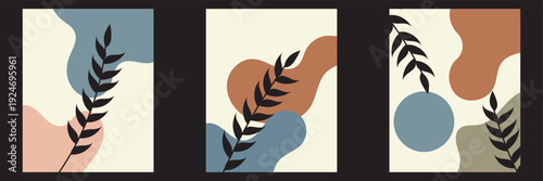 Modern Abstract Botanical Wall Art Print Set. Set of three abstract botanical wall prints featuring sun, leaves and geometric shapes in warm earthy tones for modern interiors.