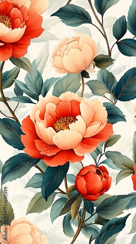 Vibrant floral arrangement with peonies and lush green leaves