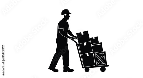 Silhouette vector graphic illustration of a delivery worker wearing a hard hat pushing a hand truck loaded high with cardboard boxes and crates