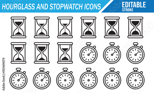 Set of Hourglass and Stopwatch Outline Icons, Time and Deadline Concept Vector