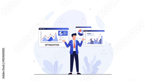 Businessman comparing data charts, optimization and analysis concept