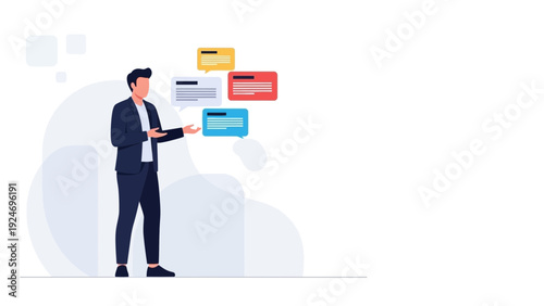 Businessman Communicating with Speech Bubbles, Online Chat and Messaging Concept