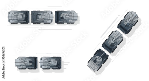 Top-down view of multiple grey military tanks arranged in rows and diagonally on a white background, depicting armored vehicles.